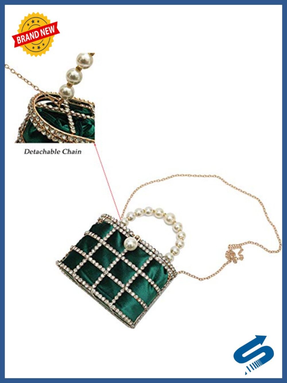 Sparkly Rhinestone Clutch Evening Bag with Pearl Handle Detachable Chain - Picture 4 of 6